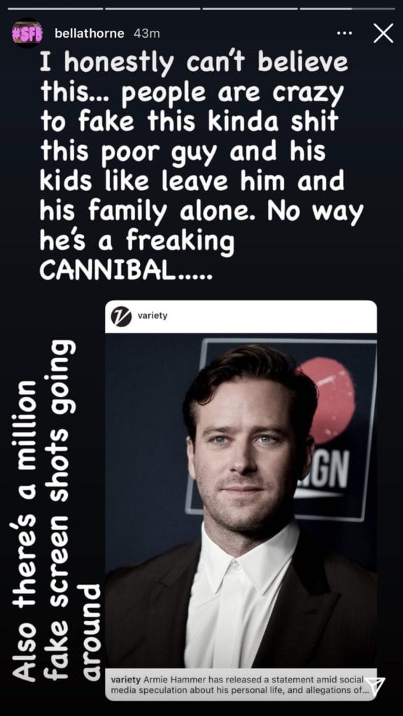 bella thorne difende armie hammer accuse cannibalismo